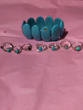 Turquoise Stone Stretch Bracelet and Ring Set - Women Jewelry